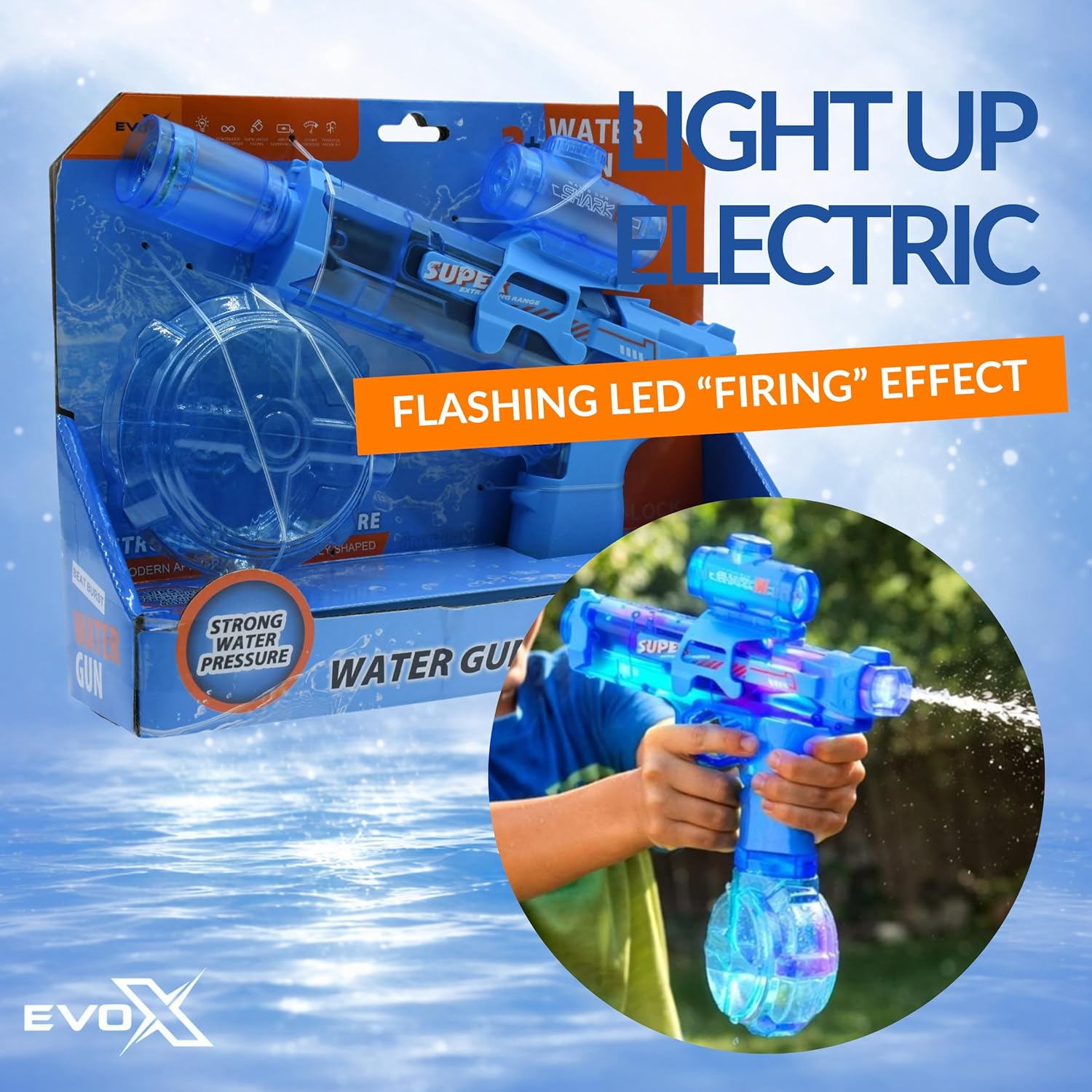 Evo-X Electric Water Gun, Rechargeable Light Up Aqua Blaster, Led Firing Effect, 320ml Tank, USB Charging, Kids Outdoor Summer Toys