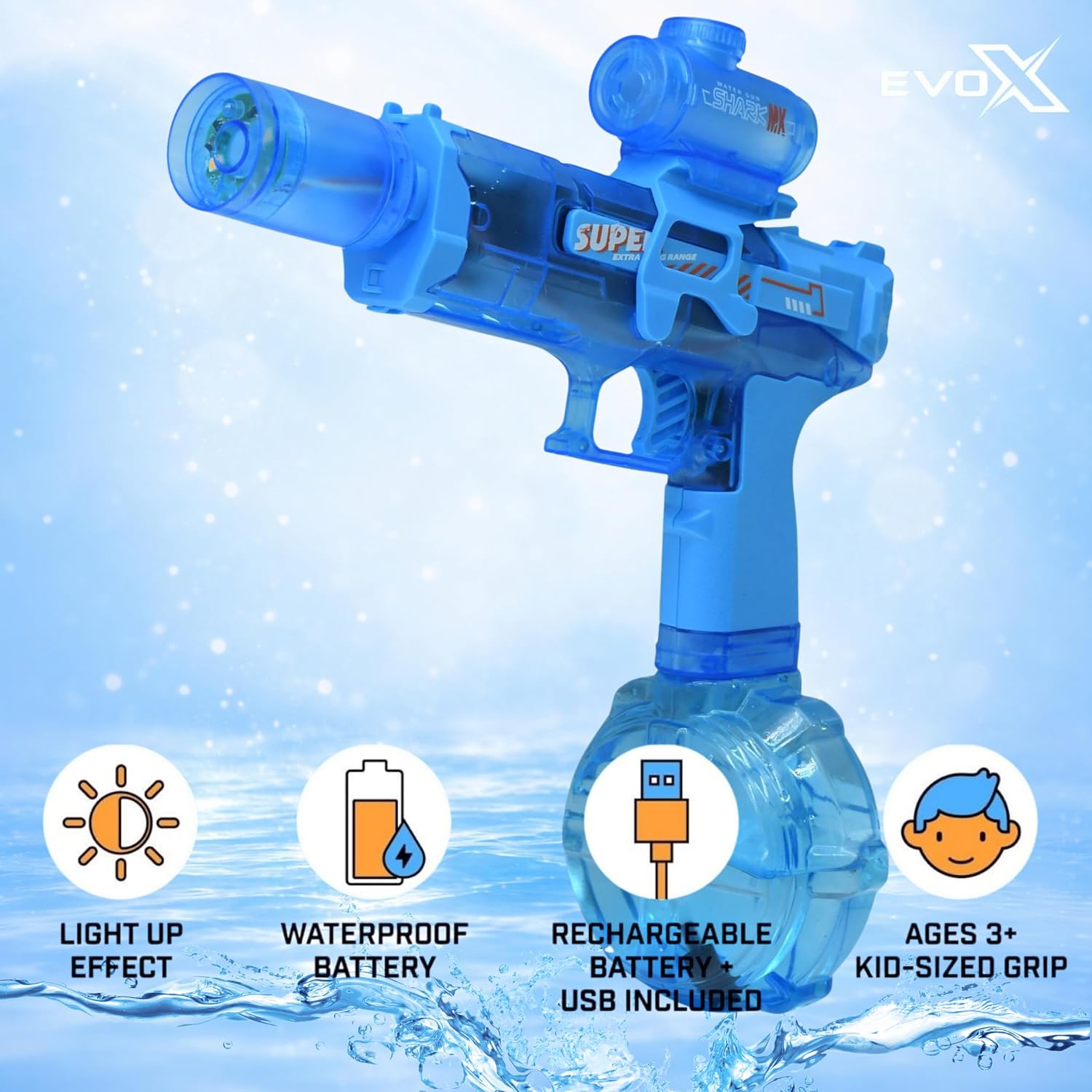 Evo-X Electric Water Gun, Rechargeable Light Up Aqua Blaster, Led Firing Effect, 320ml Tank, USB Charging, Kids Outdoor Summer Toys