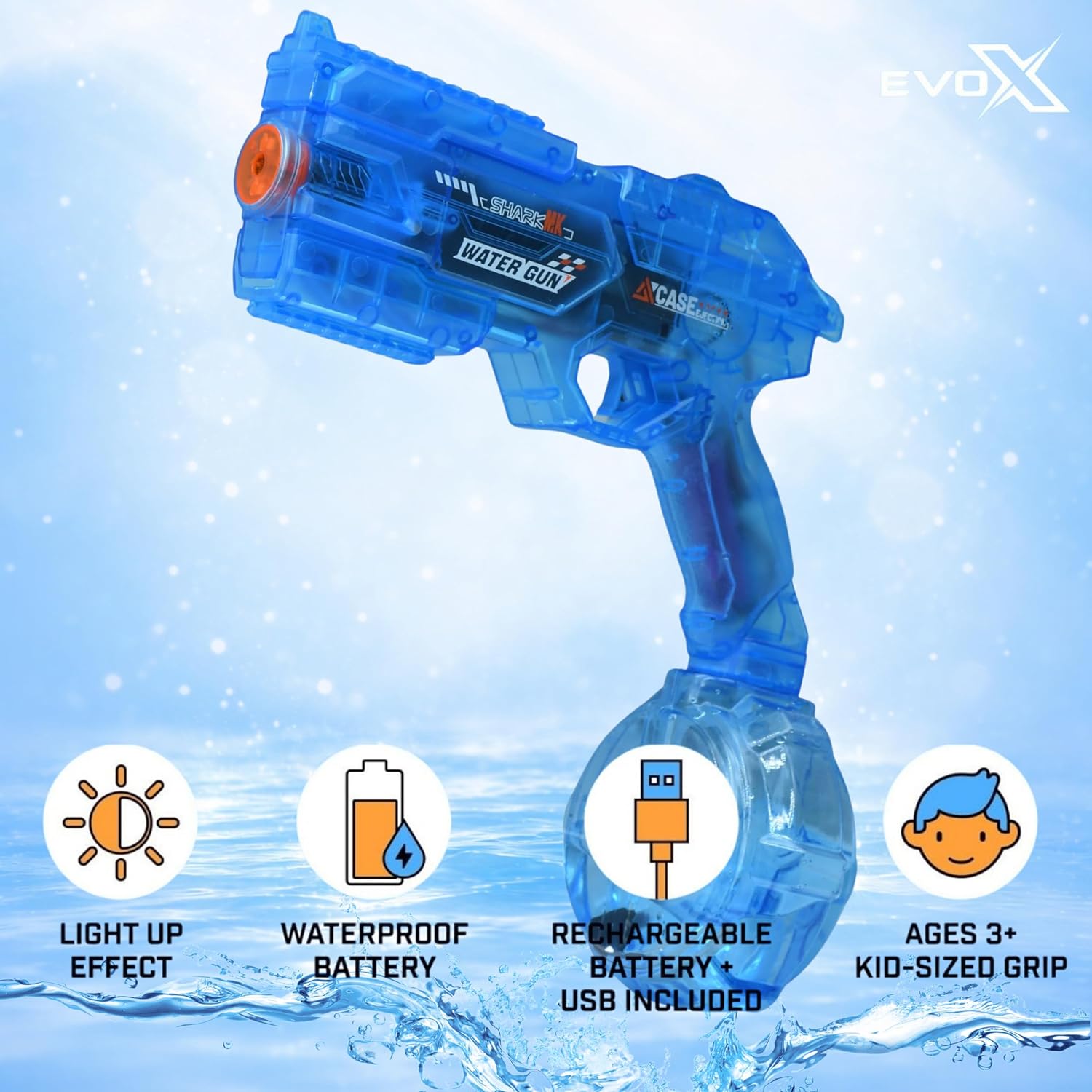 Evo-X Rapid Fire Electric Water Gun, Rechargeable Light Up Aqua Blaster with Led Effect, 320ml Tank, USB Charging, Kids Outdoor Summer Toys