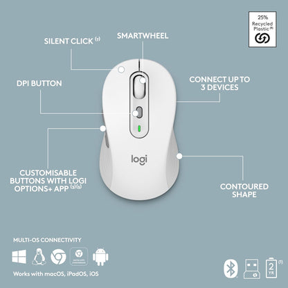 Logitech MK950 Signature Slim Wireless Keyboard and Mouse Combo, Sleek Design, Quiet Typing and Clicking, Switch Across Three Devices, Bluetooth, Multi-OS, Windows and Mac, QWERTY UK Layout, White