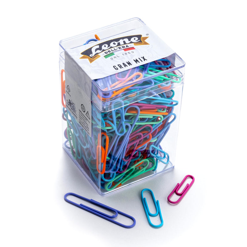 Fermagli Leone Dell'Era "Gran Mix" dimensioni miste in Scatola trasparente, 125 g., Colorati Plastificati