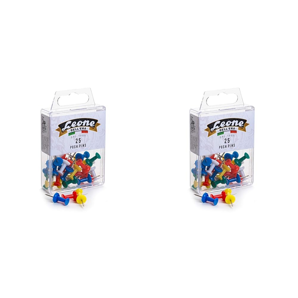 25 Spilli con torretta colorata "Push Pins" (mm. 1,15 x 23) - Scatola appendibile - Leone Dell'Era Made in Italy (Confezione da 2)