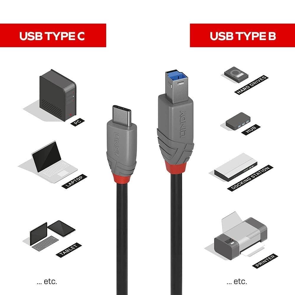 LINDY 2m USB 3.1 Cable, USB-C Male to USB-B 3.0 Male Type B, for MacBook Pro/Air, External Hard Drive, Scanner, Printer, Docking Station