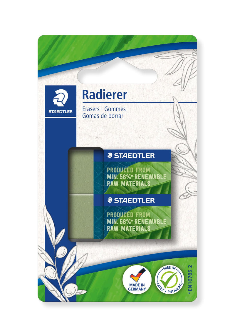 STAEDTLER Eraser, Eraser Made from up to 56% Natural and Renewable Content, Phthalate and Latex Free, Sliding Cuff, Size 43 x 19 x 13 mm, 2 Olive Green erasers on Blister Card, 526 83BK2