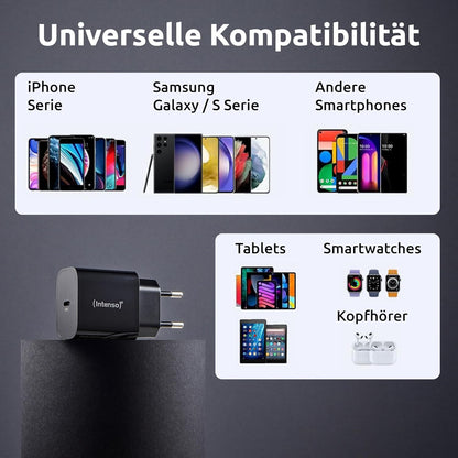 Intenso W20C Power Adapter, 20W, USB-C Connector, for iPhone, Samsung Galaxy, iPad and more, Black