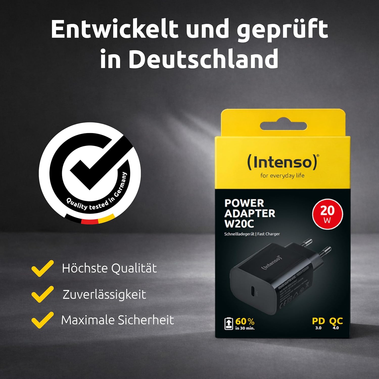Intenso W20C Power Adapter, 20W, USB-C Connector, for iPhone, Samsung Galaxy, iPad and more, Black