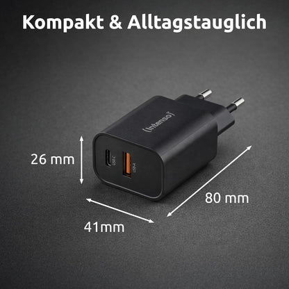 Intenso Adattatore di alimentazione W30AC, 30W, USB A e USB-C per iPhone, iPad, tablet, Samsung Galaxy e altro, nero
