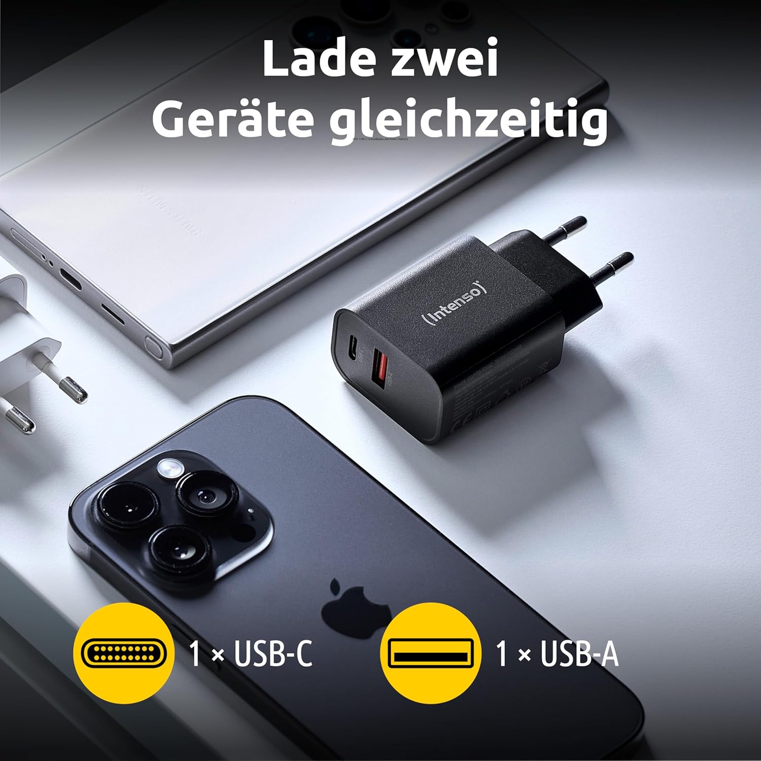 Intenso Adattatore di alimentazione W30AC, 30W, USB A e USB-C per iPhone, iPad, tablet, Samsung Galaxy e altro, nero