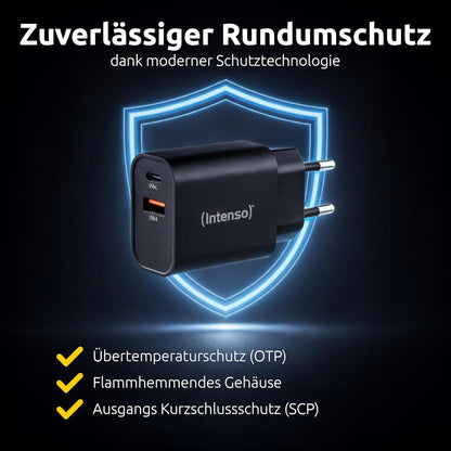 Intenso Adattatore di alimentazione W30AC, 30W, USB A e USB-C per iPhone, iPad, tablet, Samsung Galaxy e altro, nero