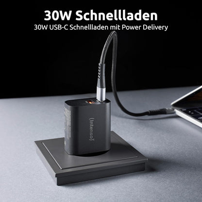 Intenso Adattatore di alimentazione W30AC, 30W, USB A e USB-C per iPhone, iPad, tablet, Samsung Galaxy e altro, nero