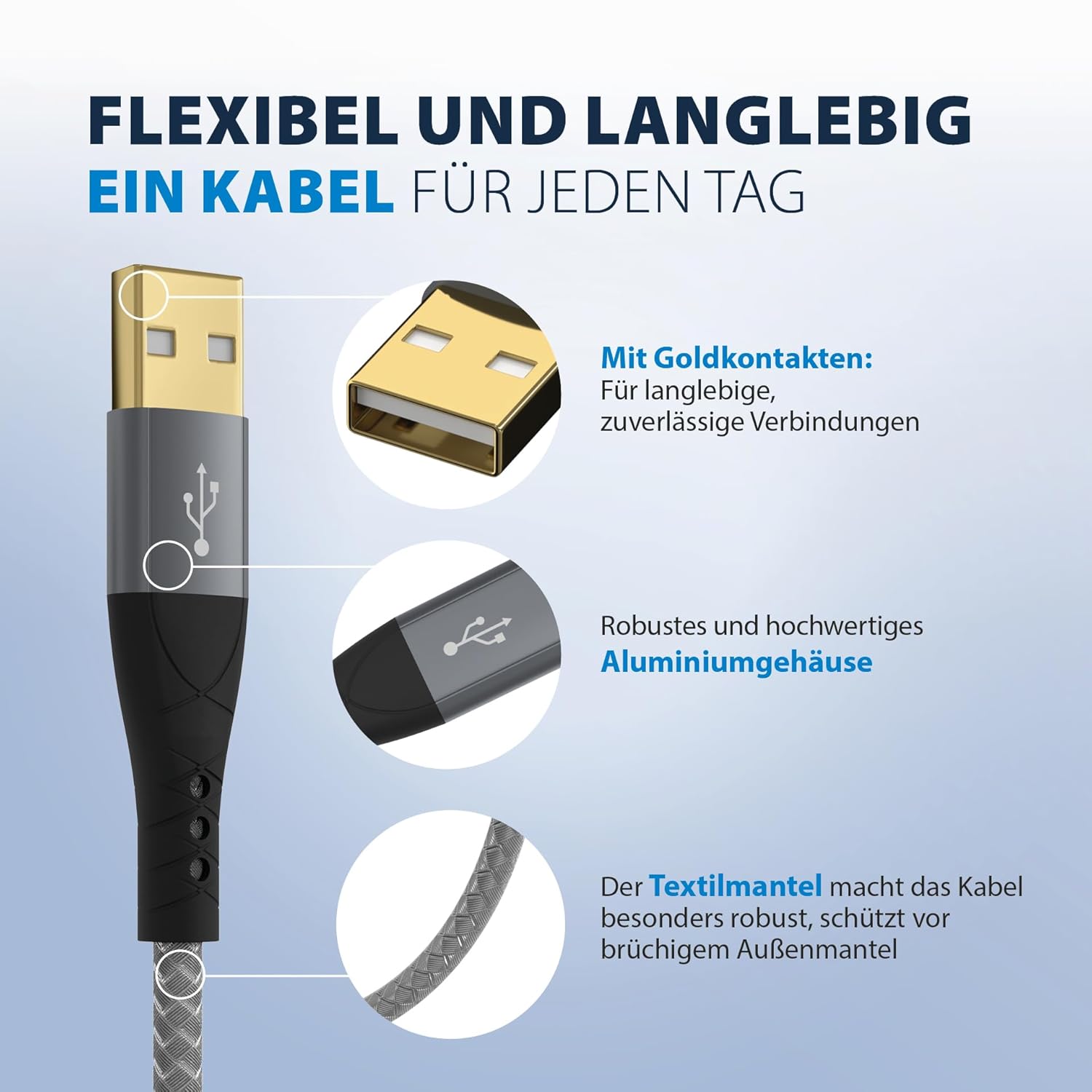 EFB-Elektronik USB-A auf USB-C Kabelset 60W QC 3A 0,5m+1m+2m+3m grau Goldkontakte Textilmantel