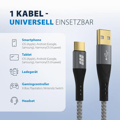 EFB-Elektronik USB-A auf USB-C Kabelset 60W QC 3A 0,5m+1m+2m+3m grau Goldkontakte Textilmantel