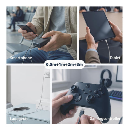 EFB-Elektronik USB-A auf USB-C Kabelset 60W QC 3A 0,5m+1m+2m+3m grau Goldkontakte Textilmantel