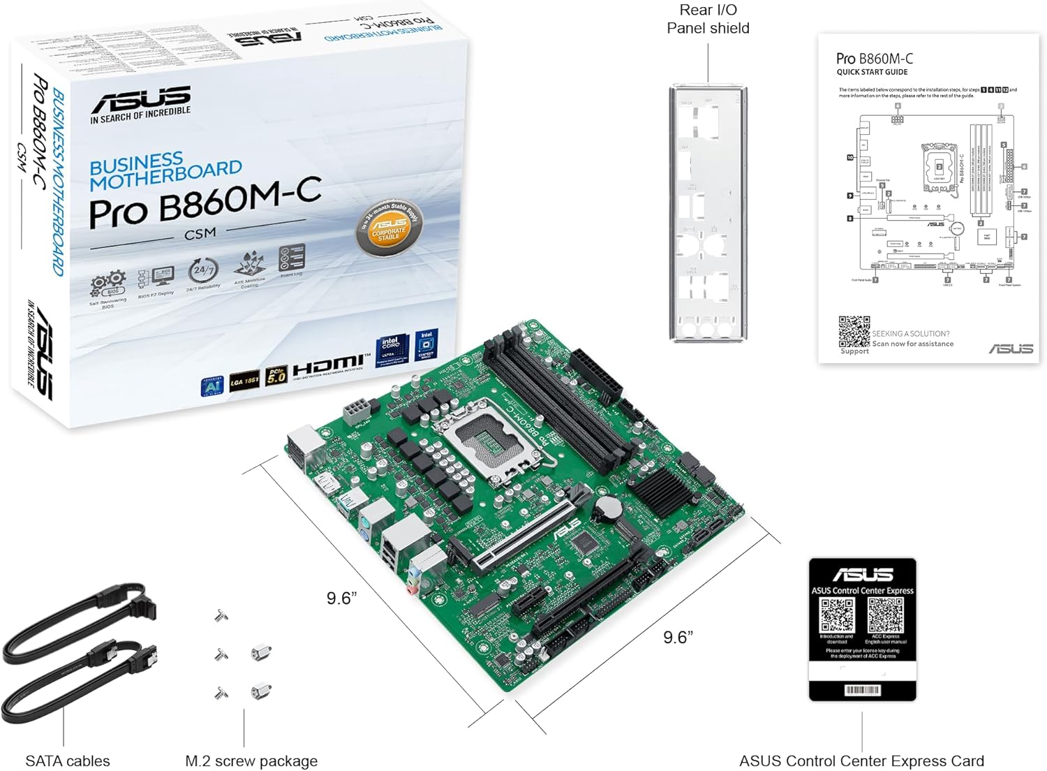ASUS PRO B860M-C-CSM Business Motherboard Socket Intel LGA 1851 (microATX, PCIe 5.0, DDR5, SafeSlot, ASUS Control Center Express, CSM, Q-LED Core, COM Debug Header