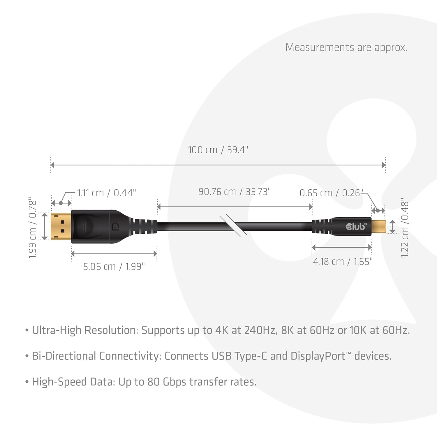 CLUB3D USB Type C Cable to DP 2.1 Bi-Directional VESA DP80 Certified Cable M/M 1m/3.28ft