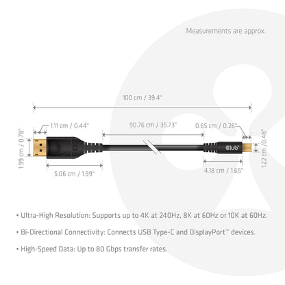 CLUB3D USB Type C Cable to DP 2.1 Bi-Directional VESA DP80 Certified Cable M/M 1m/3.28ft