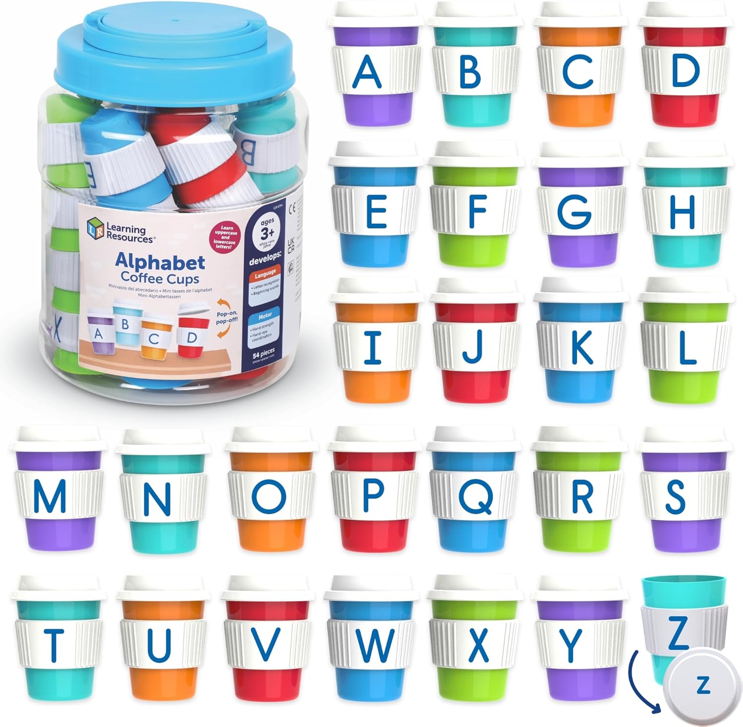 Learning Resources Alphabet Coffee Cups, Ages 3+, Alphabet Toys for Preschool Learning, ABC Matching Game, Fine Motor Skills, Pretend Play Café Set