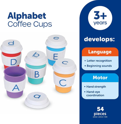 Learning Resources Alphabet Coffee Cups, Ages 3+, Alphabet Toys for Preschool Learning, ABC Matching Game, Fine Motor Skills, Pretend Play Café Set