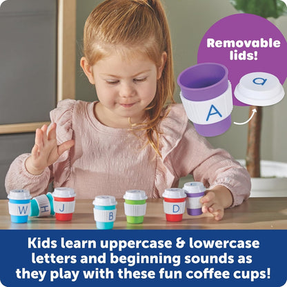 Learning Resources Alphabet Coffee Cups, Ages 3+, Alphabet Toys for Preschool Learning, ABC Matching Game, Fine Motor Skills, Pretend Play Café Set