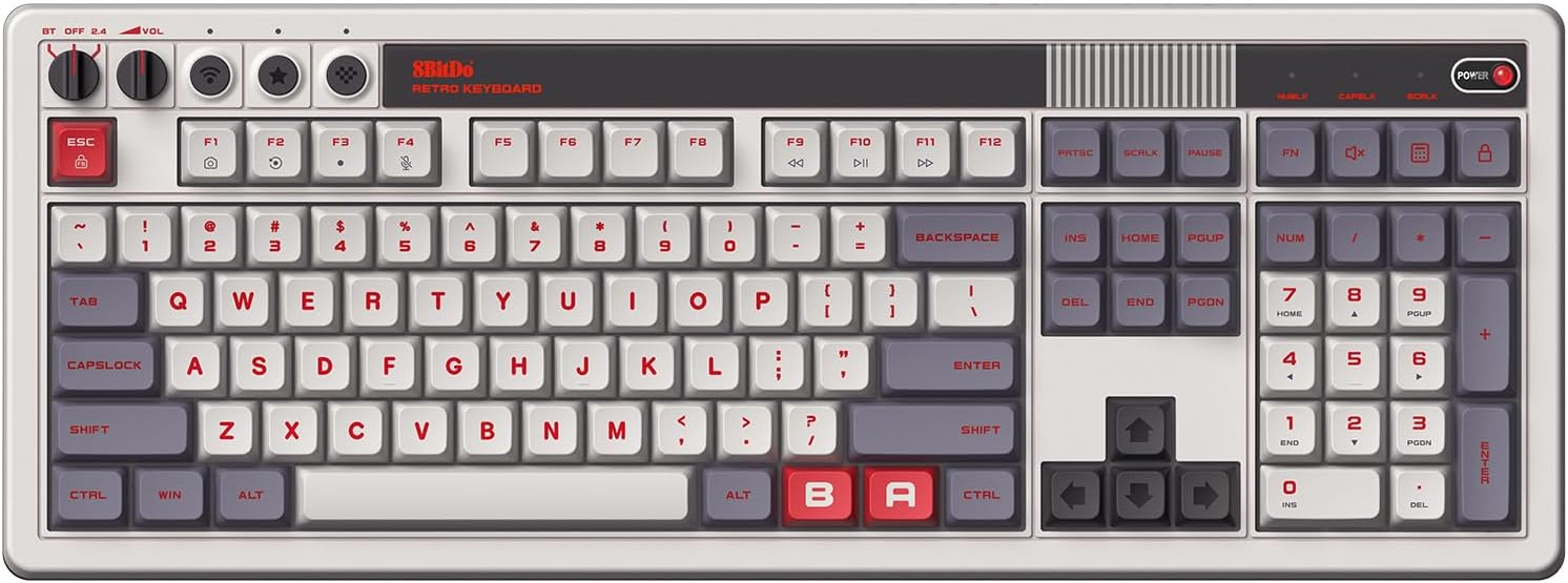 8Bitdo Retro 108 Mechanical Keyboard with 108 Keys and Integrated Numpad, Bluetooth/2.4G/USB-C Hot Swappable Wireless Gaming Keyboard for Windows and Android - N Edition - QWERTY ANSI US Layout
