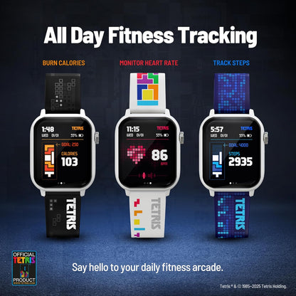 My Play Watch Tetris Retro Gaming Smartwatch with Selective Tech, Non-Connected, Built-in Tetris™, Custom Watch Faces, Classic Arcade Sound, Heart Rate & Fitness Tracker, IP67 Water Resistant.