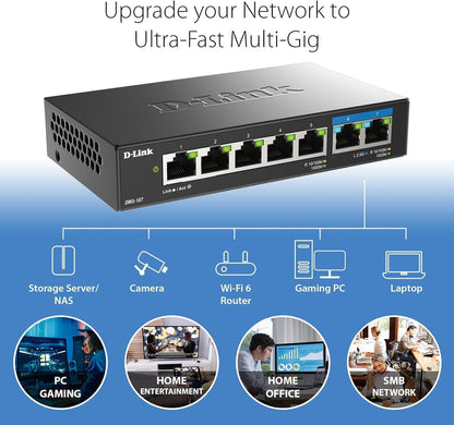 D-Link DMS-107/B 7-Port Multi-Gigabit Unmanaged Switch with Two 2.5G and Five Gigabit Ports, Fanless, Low Profile, Compact, Metal Housing, QoS, Plug and Play