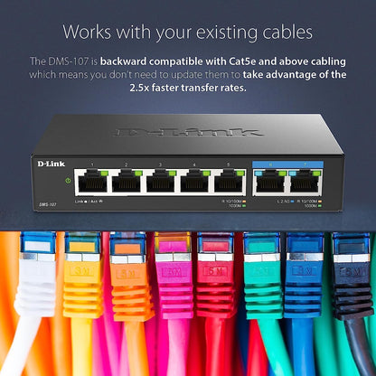 D-Link DMS-107/B 7-Port Multi-Gigabit Unmanaged Switch with Two 2.5G and Five Gigabit Ports, Fanless, Low Profile, Compact, Metal Housing, QoS, Plug and Play