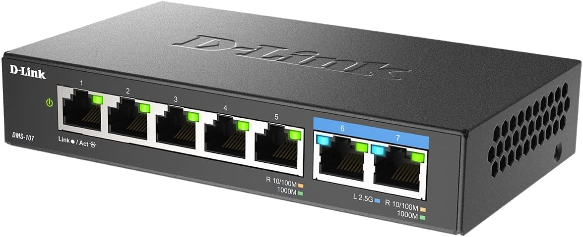 D-Link DMS-107/B 7-Port Multi-Gigabit Unmanaged Switch with Two 2.5G and Five Gigabit Ports, Fanless, Low Profile, Compact, Metal Housing, QoS, Plug and Play