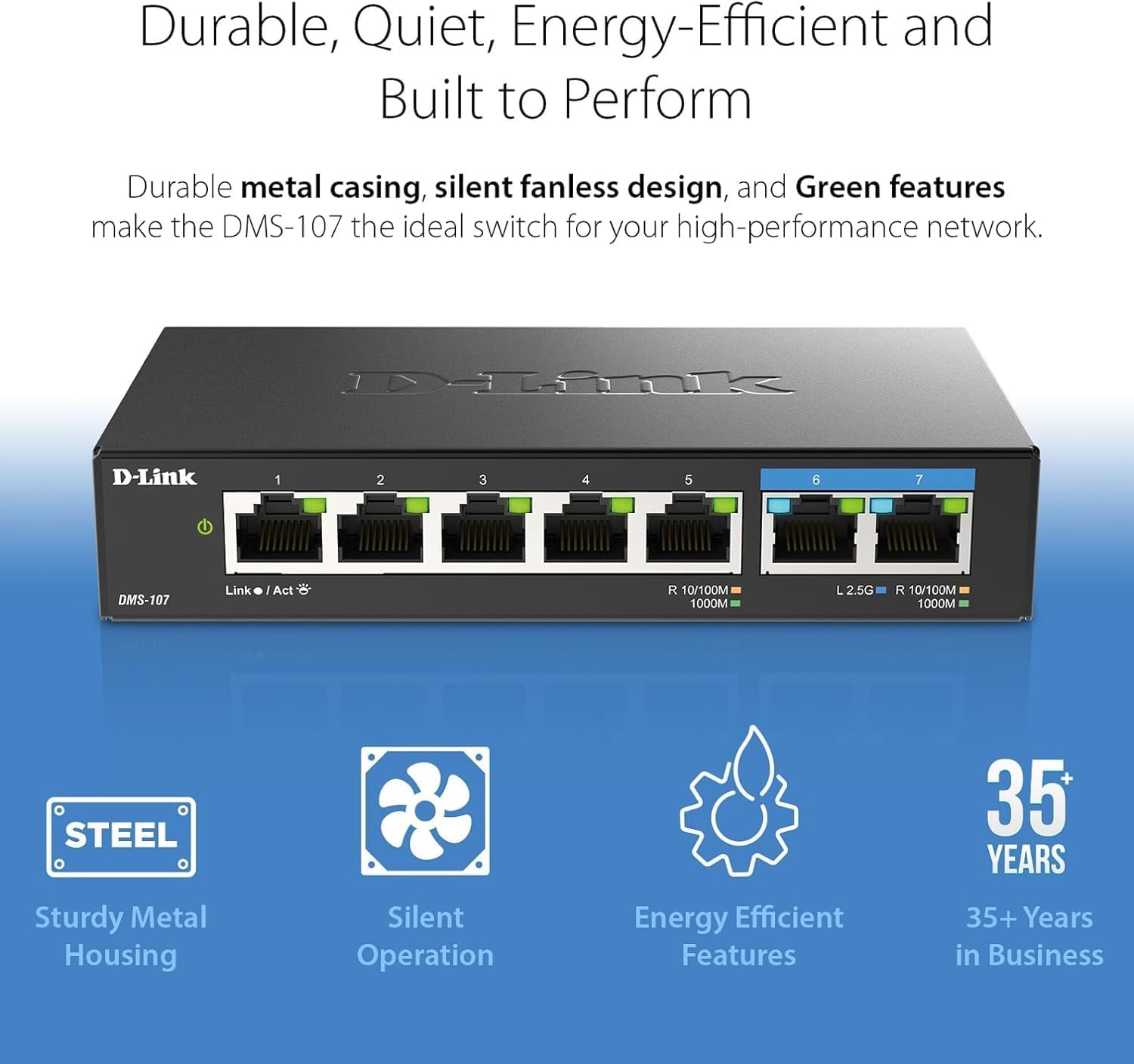 D-Link DMS-107/B 7-Port Multi-Gigabit Unmanaged Switch with Two 2.5G and Five Gigabit Ports, Fanless, Low Profile, Compact, Metal Housing, QoS, Plug and Play