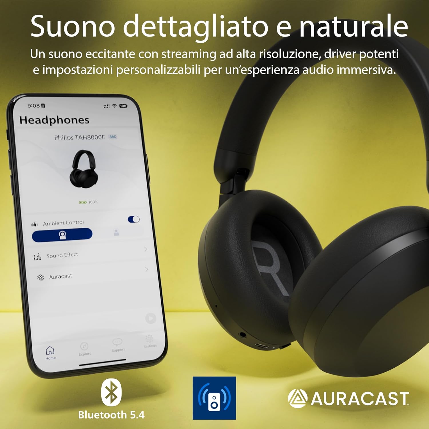 Philips TAH8000EBK/00 Cuffie Bluetooth over-ear wireless – Cancellazione del rumore, 70H di riproduzione, Assistente vocale compatibile, Ideali per viaggiare –