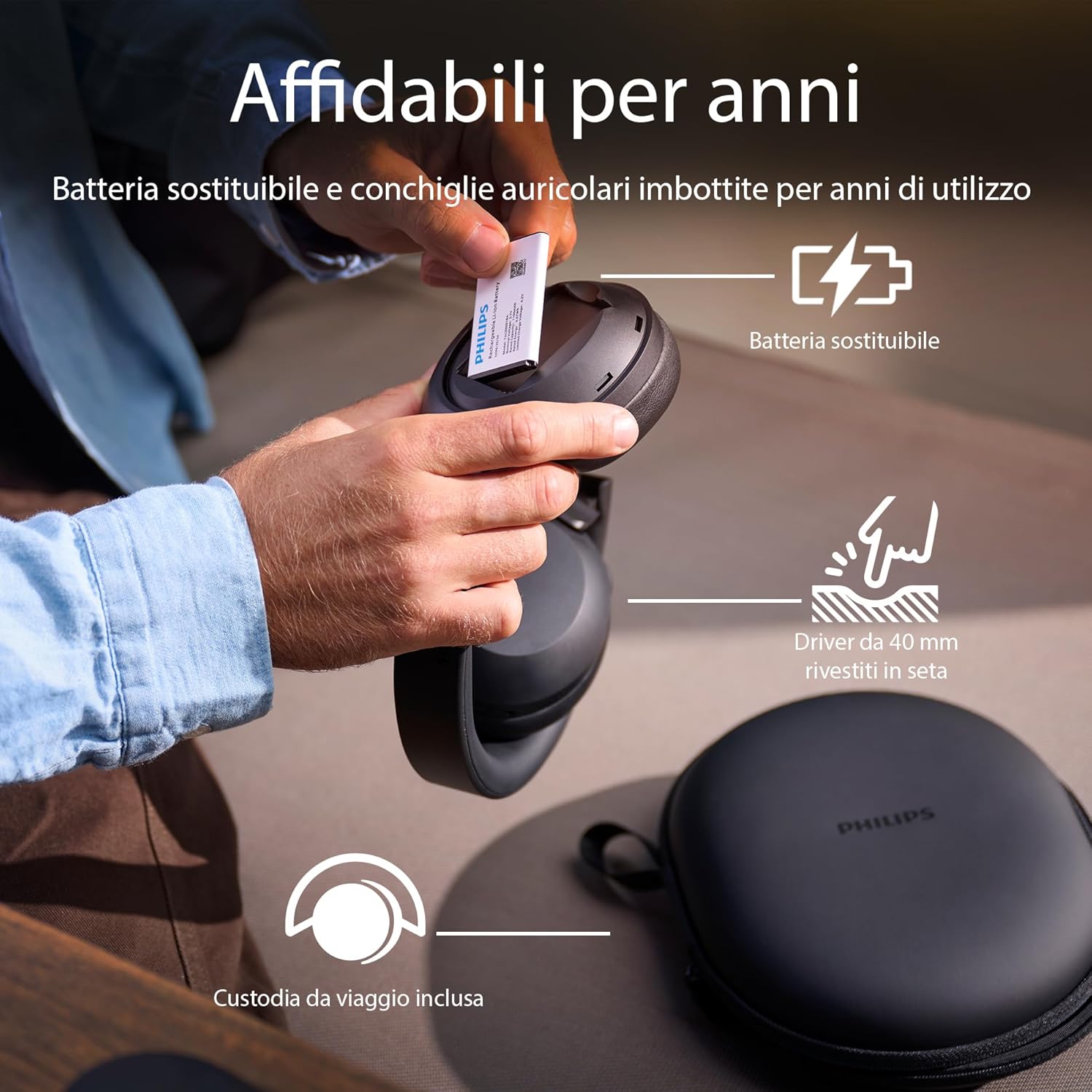 Philips TAH8000EBK/00 Cuffie Bluetooth over-ear wireless – Cancellazione del rumore, 70H di riproduzione, Assistente vocale compatibile, Ideali per viaggiare –