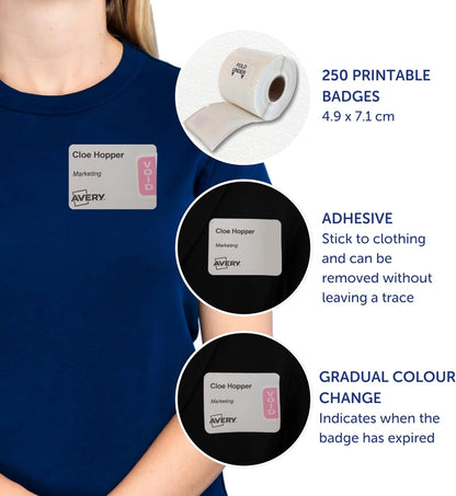 Avery Roll of Self-Adhesive Visitor Badges with Expiring Tabs – 250 Badges on roll. Thermal Printer compatiable.