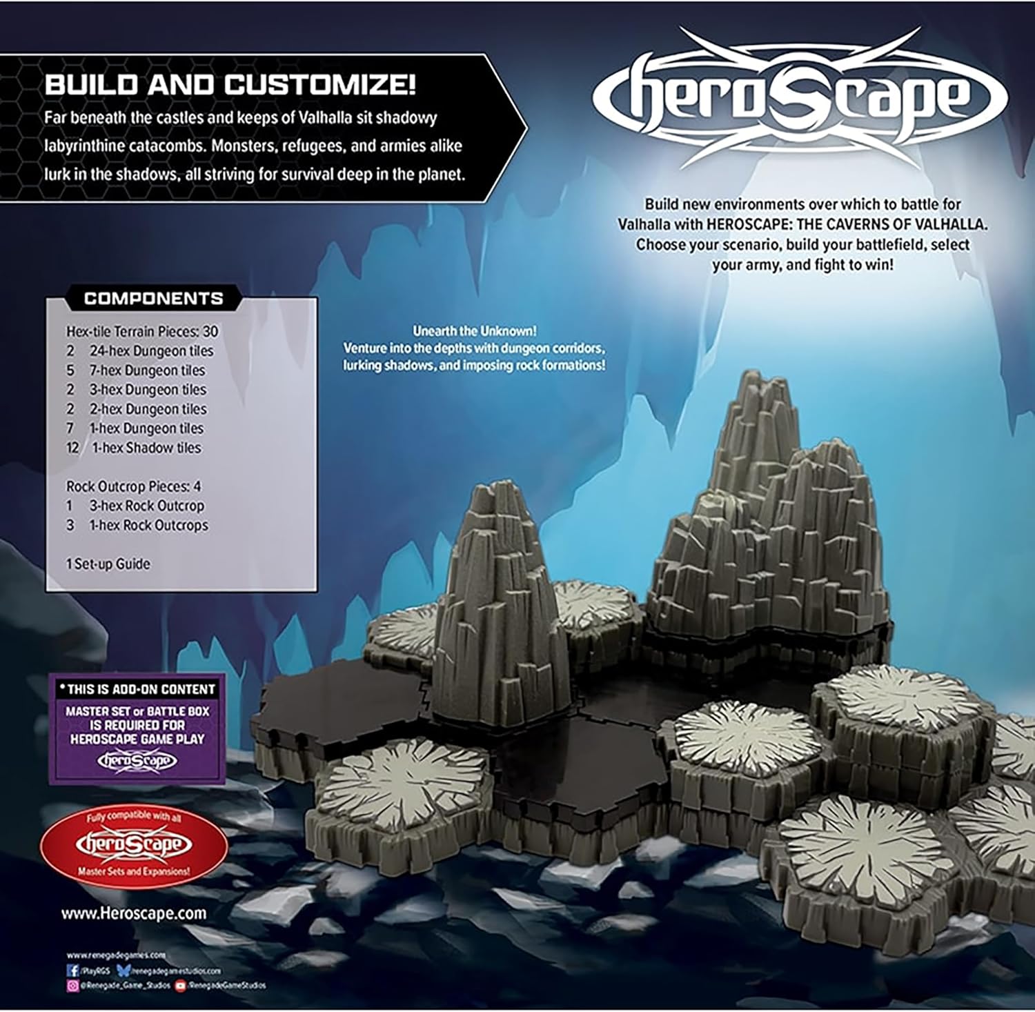 Renegade Games: Heroscape - The Caverns of Valhalla Terrain Expansion - 34pc, Dungeon Hexes & Rocky Outcrops Tiles, Hex-Based Miniature Game Accessory