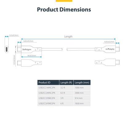 Startech.Com - Usb Cable - Usb-C (M) To Usb-C (M) - Usb 2.0 - 3 A - 2 M - Usb Power Delivery (60W) - Black (Pack Of 2)