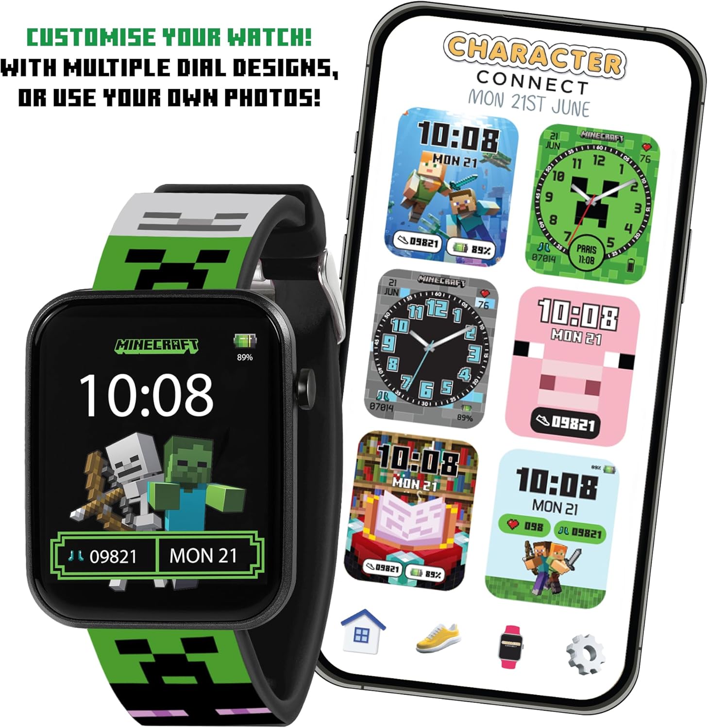 Accutime Minecraft Kids Green Printed Strap Smart Watch MIN4363ARG
