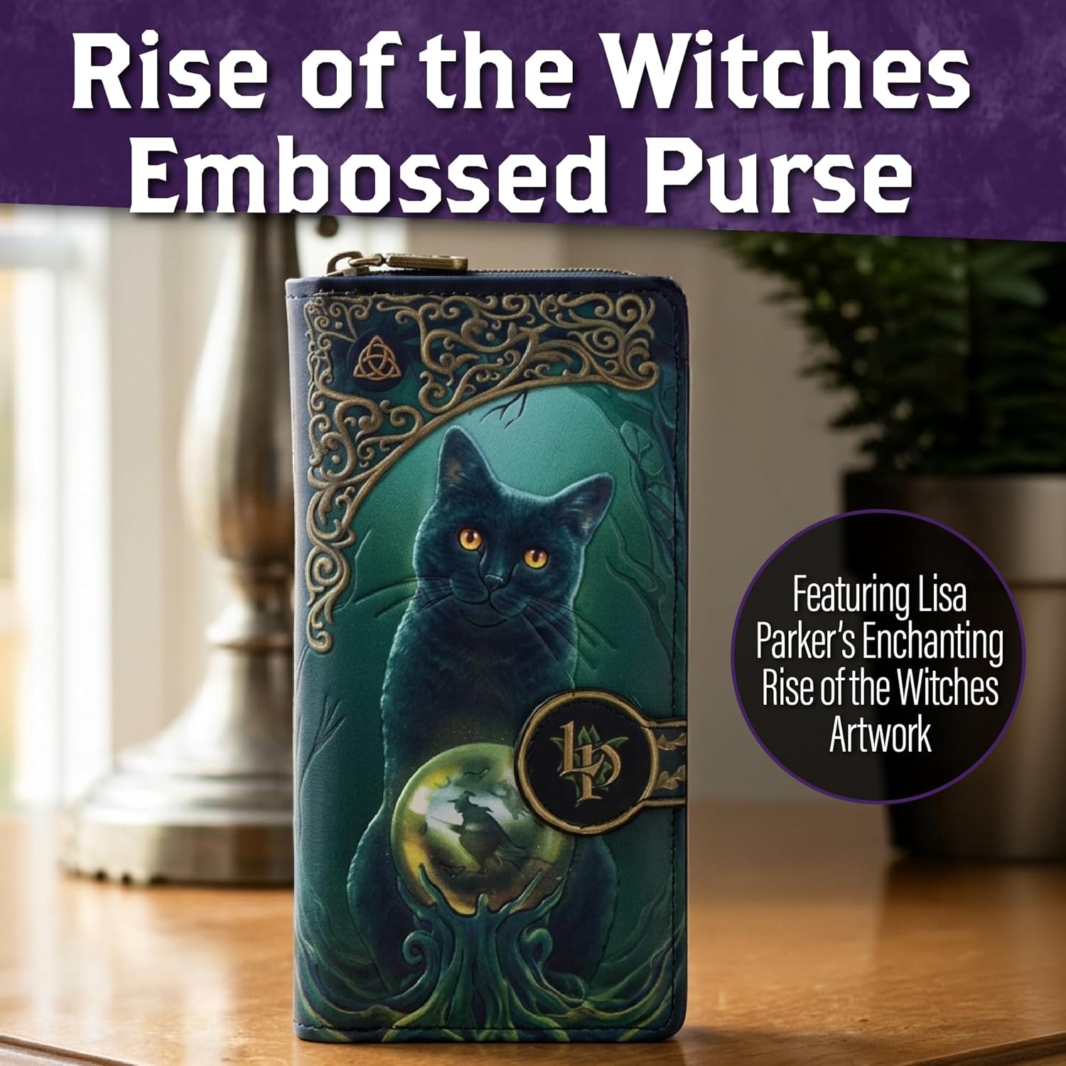 Nemesis Now Rise of the Witches Embossed Purse 18.5cm – Lisa Parker Gothic Wallet with Black Cat Artwork, Zip-Around Fantasy Handbag for Women