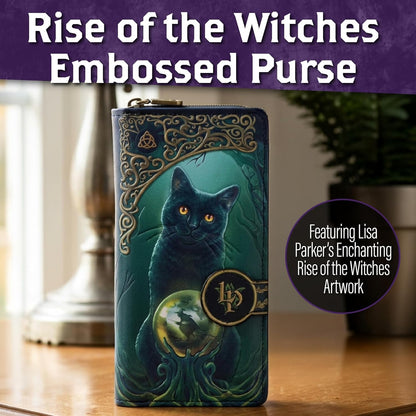 Nemesis Now Rise of the Witches Embossed Purse 18.5cm – Lisa Parker Gothic Wallet with Black Cat Artwork, Zip-Around Fantasy Handbag for Women