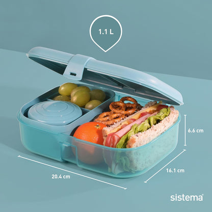 Sistema Ocean Bound Plastic Bento Box | 1.1 L Lunch Box with Yoghurt/Fruit Pot and Compartments | BPA-Free | Teal Stone OR Mountain Blue (Not Selectable)