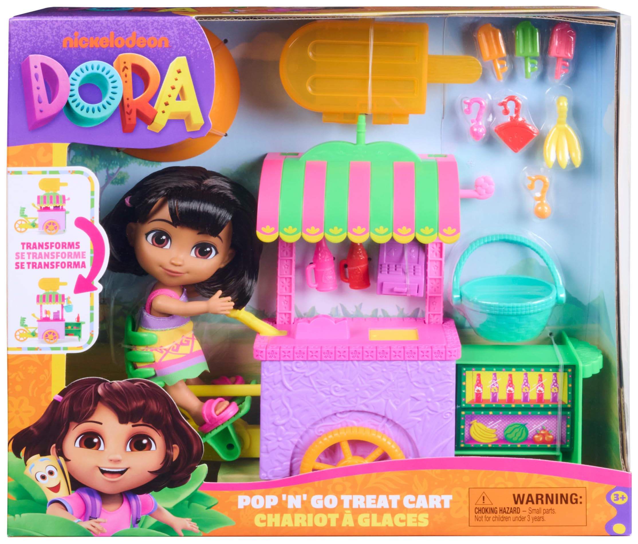 Dora, Pop 'N' Go Treat Cart with 15 Pieces, Transforming Cart and Toy Storage with 15.2-cm Dora Figure, Kids Toys for Girls and Boys Ages 3 and Up