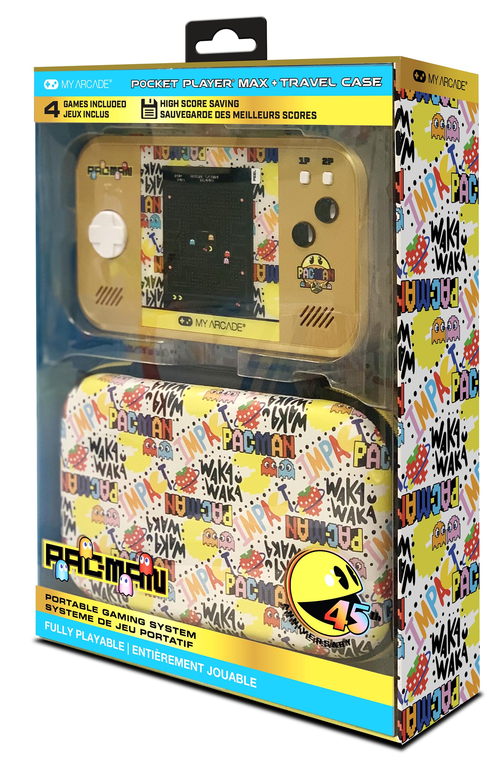 My Arcade Pac-Man Pocket Player Max: Pac-Man 45-jarig jubileum retro gameconsole, oplaadbare batterij, 4 klassieke games in 1, Arcade Gaming, inclusief koffer