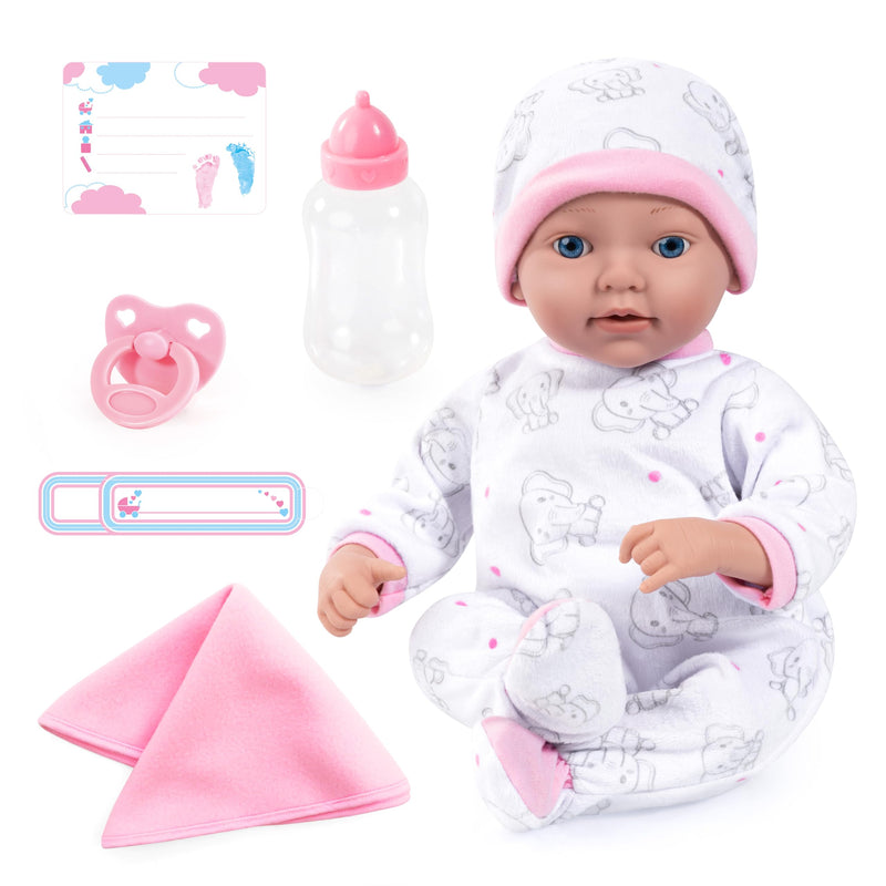 Bayer Design 93827AB reborn pop, pasgeboren babypop, levensecht, realistische, fopspeen, fles, knuffeldeken, 38 cm