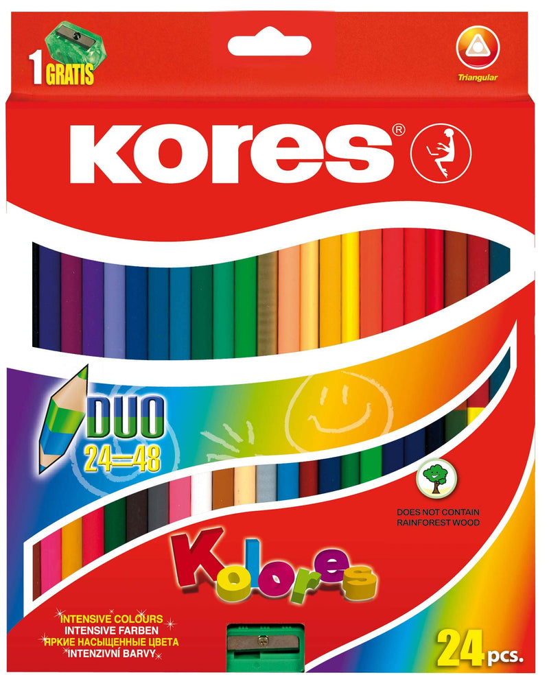 Kores - Colores Duo: 24 dubbelzijdige kleurpotloden voor kinderen, beginners en volwassenen met zachte vulling en ergonomische vorm, set van 48 gesorteerde kleuren inclusief puntenslijper