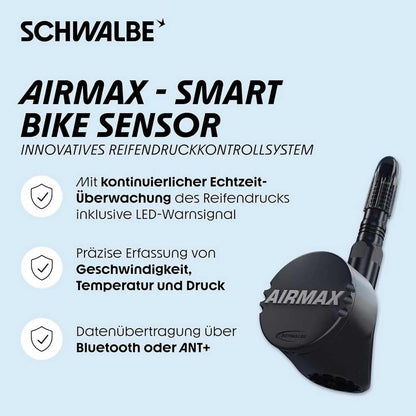 Schwalbe Airmax Smart Bike Sensor - Tyre Pressure Monitoring System for SV Tubeless Valves, Tubes with SV Threaded Stem, Click Valve - Tyre Pressure Gauge for Bicycle, Electric Bike, Gravel Bike