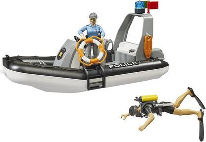 Bruder 02507 - RAM 2500 Police Pick-up, Light and Sound Module, Trailer with Boat, 2 Figures - 1:16 Emergency Car Emergency Service Police Officer Diver Off-Road Vehicle Inflatable Boat Bworld Toy