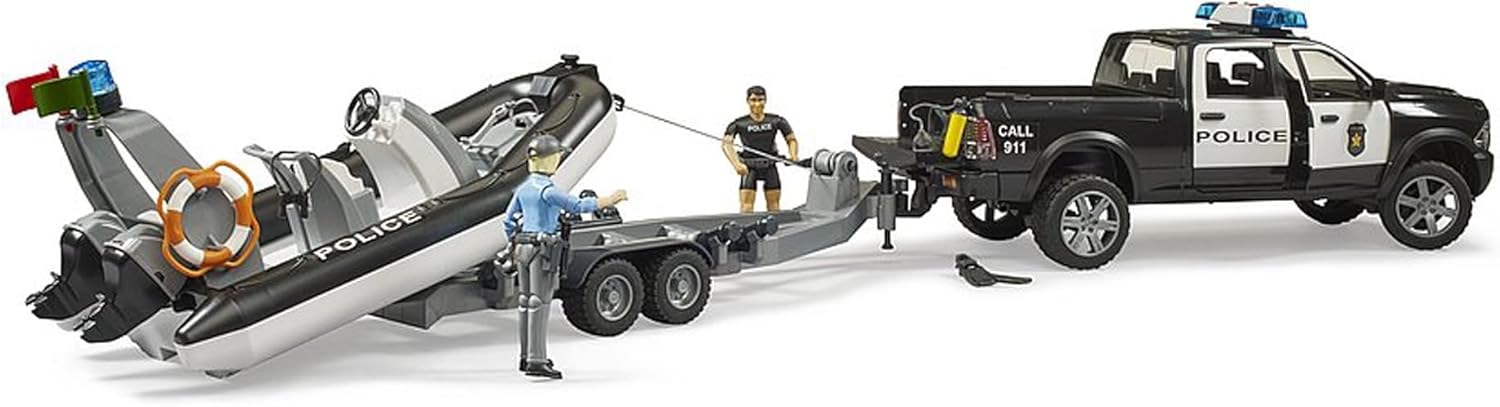 Bruder 02507 - RAM 2500 Police Pick-up, Light and Sound Module, Trailer with Boat, 2 Figures - 1:16 Emergency Car Emergency Service Police Officer Diver Off-Road Vehicle Inflatable Boat Bworld Toy