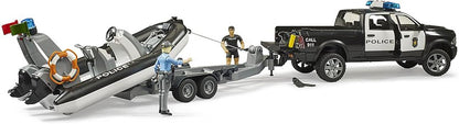 Bruder 02507 - RAM 2500 Police Pick-up, Light and Sound Module, Trailer with Boat, 2 Figures - 1:16 Emergency Car Emergency Service Police Officer Diver Off-Road Vehicle Inflatable Boat Bworld Toy
