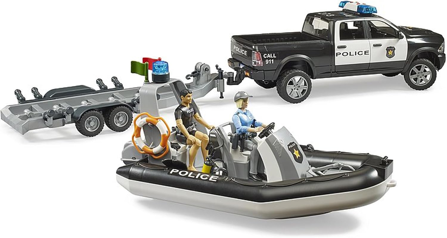 Bruder 02507 - RAM 2500 Police Pick-up, Light and Sound Module, Trailer with Boat, 2 Figures - 1:16 Emergency Car Emergency Service Police Officer Diver Off-Road Vehicle Inflatable Boat Bworld Toy
