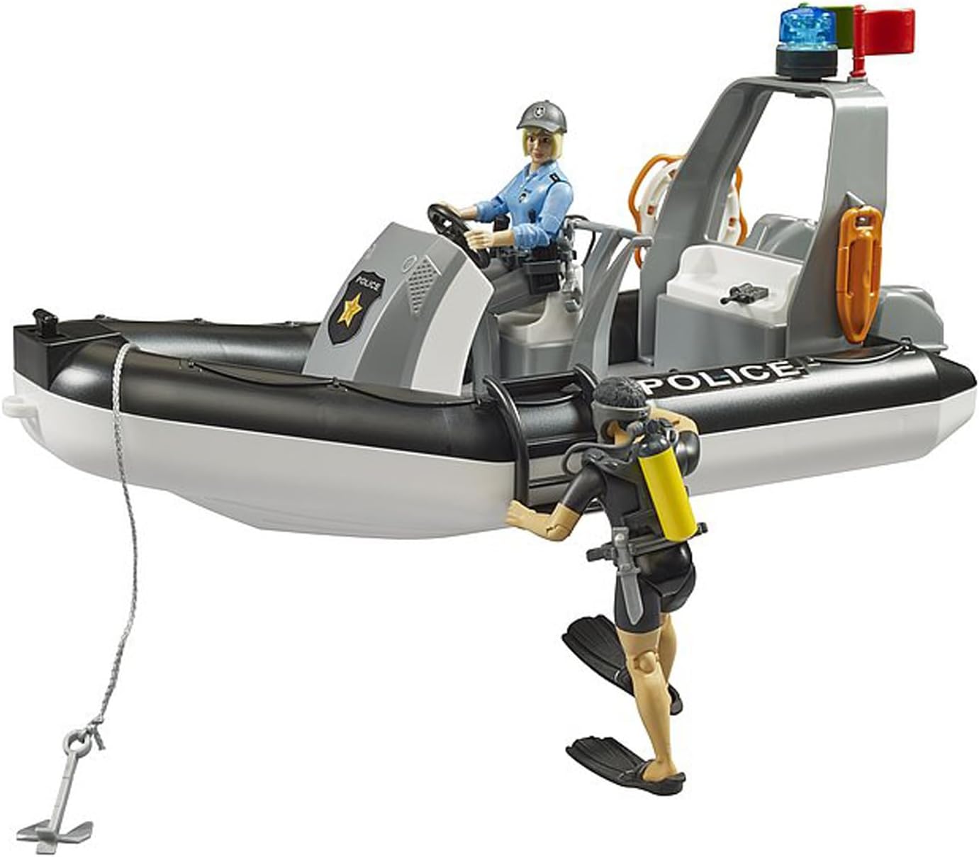 Bruder 02507 - RAM 2500 Police Pick-up, Light and Sound Module, Trailer with Boat, 2 Figures - 1:16 Emergency Car Emergency Service Police Officer Diver Off-Road Vehicle Inflatable Boat Bworld Toy