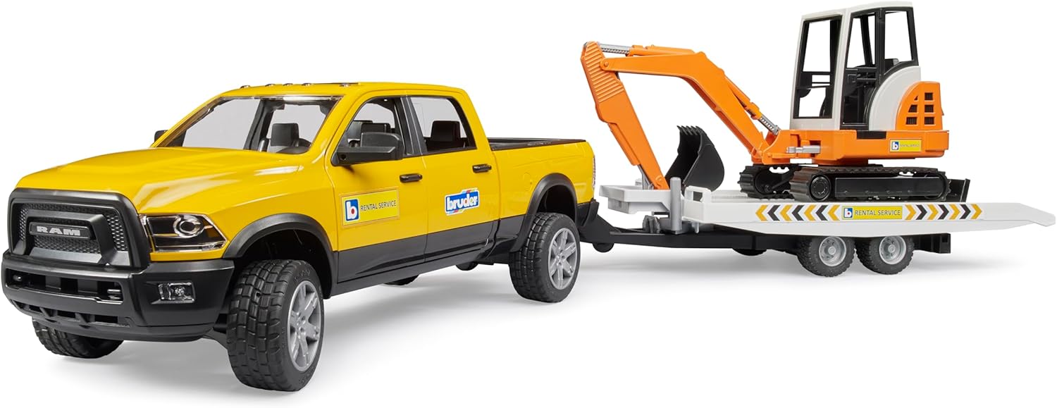 Bruder 02546 Ram Rental Service with Trailer and Mini Excavator, Yellow