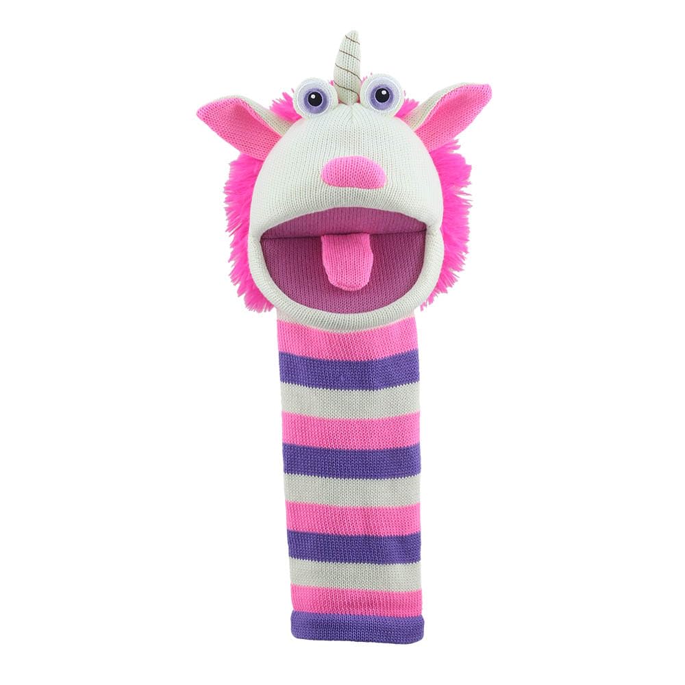 The Puppet Company Twinkle ECO Sockette Hand Puppet - Eco-Friendly Unicorn Puppet with Sparkly Horn & Striped Design - Interactive Magical Toy for Kids & Adults - 38cm